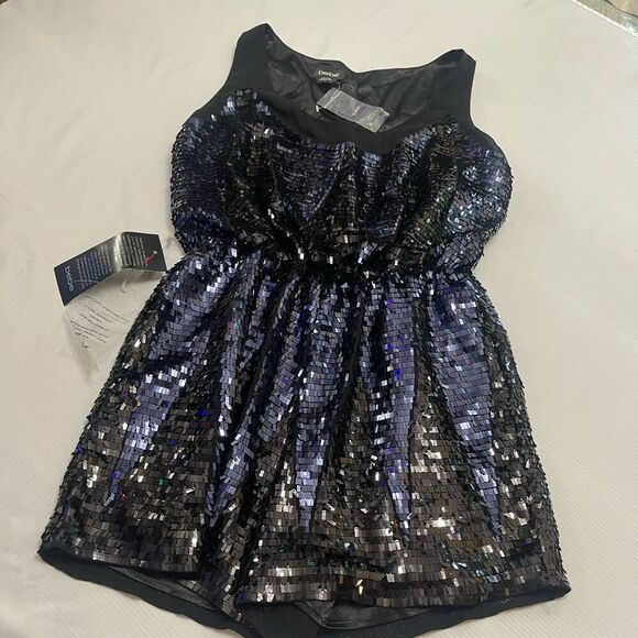 NWT BEBE Black Blue Sequin Embellished Romper Size 10 NEW - Picture 1 of 6